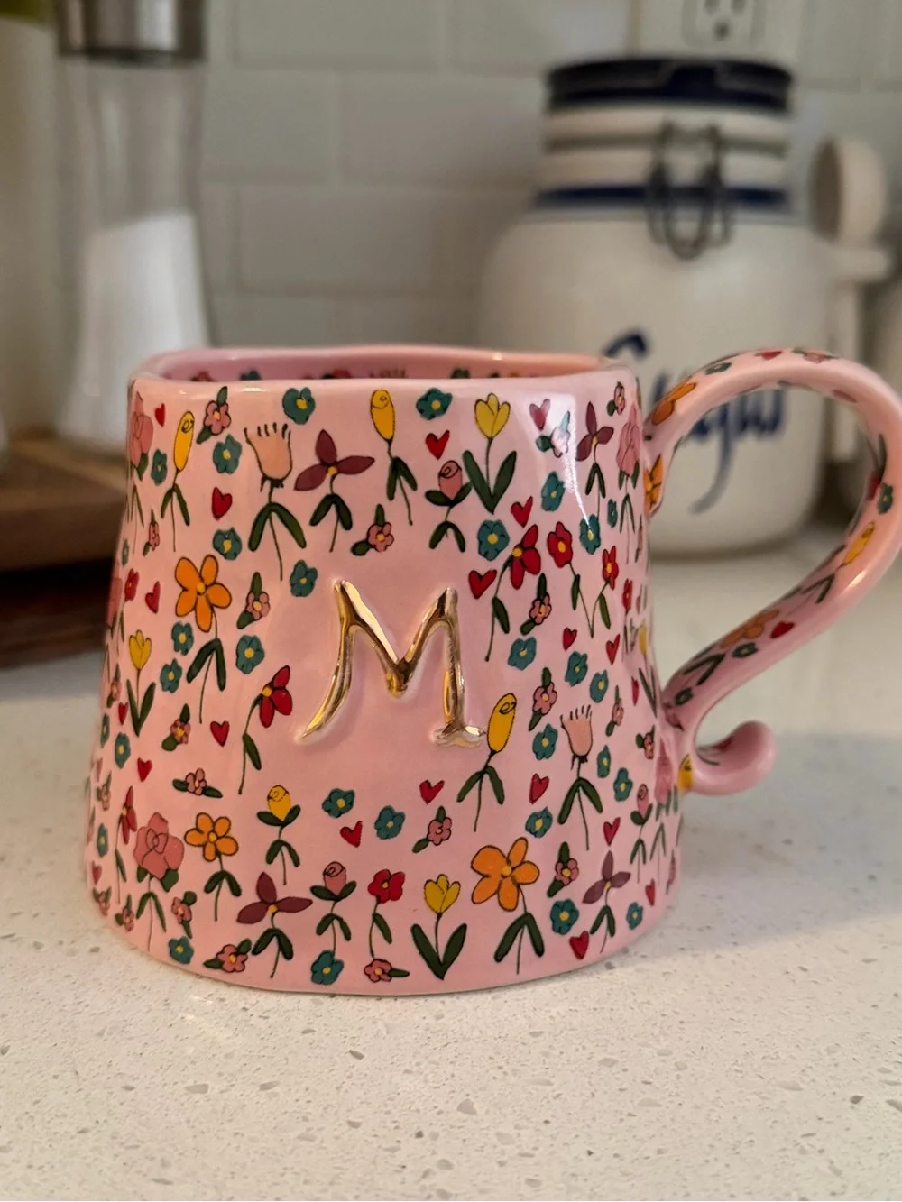 Anthro The Mud Fairy Stoneware 24k Gold Accent Monogram Mug M